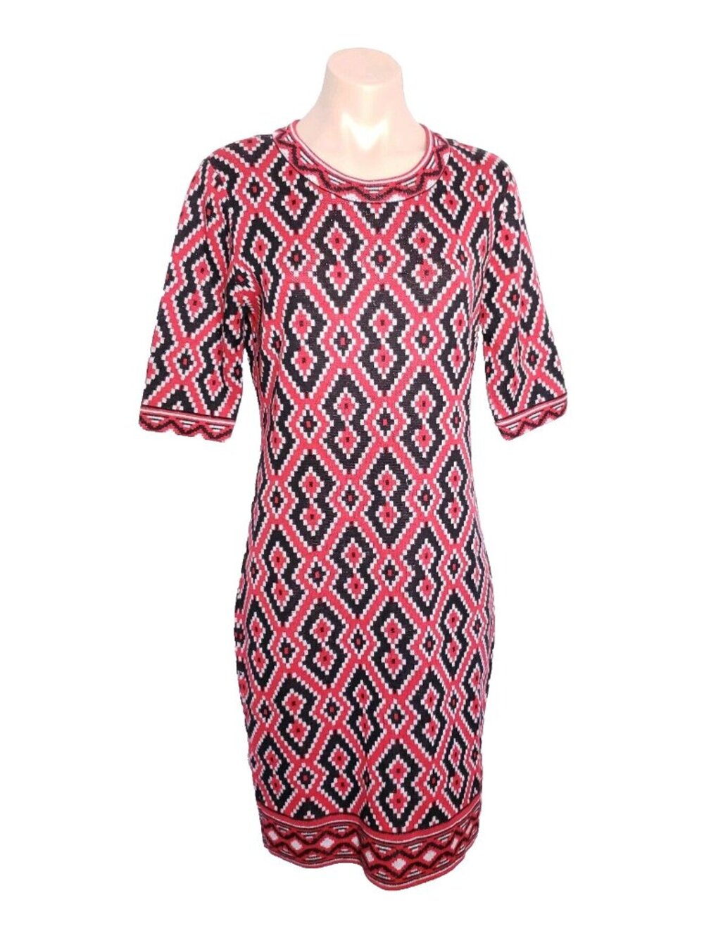 Beige by Eci Red Black and Silver Sweater Dress with Diamond Pattern Size M
